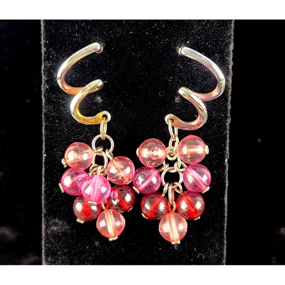 Vintage Silver Tone Pink Red Grape Cluster Bead Spiral Post Dangle Earrings